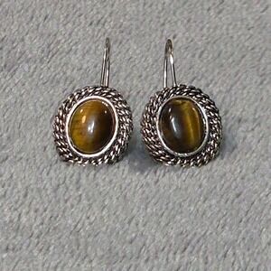 Vintage‎ Signed Avon Tigers Eye Gemstone Silver Tone Oval Dangle Drop Earrings
